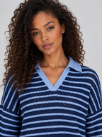 Women’s Striped Knit Two-Piece Set – Collared Sweater & Wide Leg Pants
