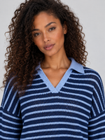 Women’s Striped Knit Two-Piece Set – Collared Sweater & Wide Leg Pants