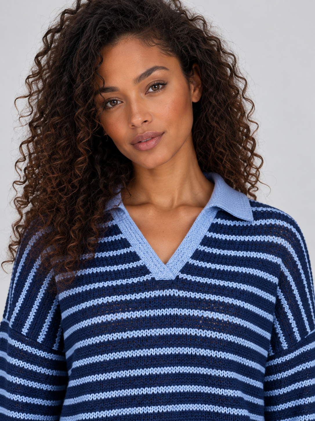 Women’s Striped Knit Two-Piece Set – Collared Sweater & Wide Leg Pants