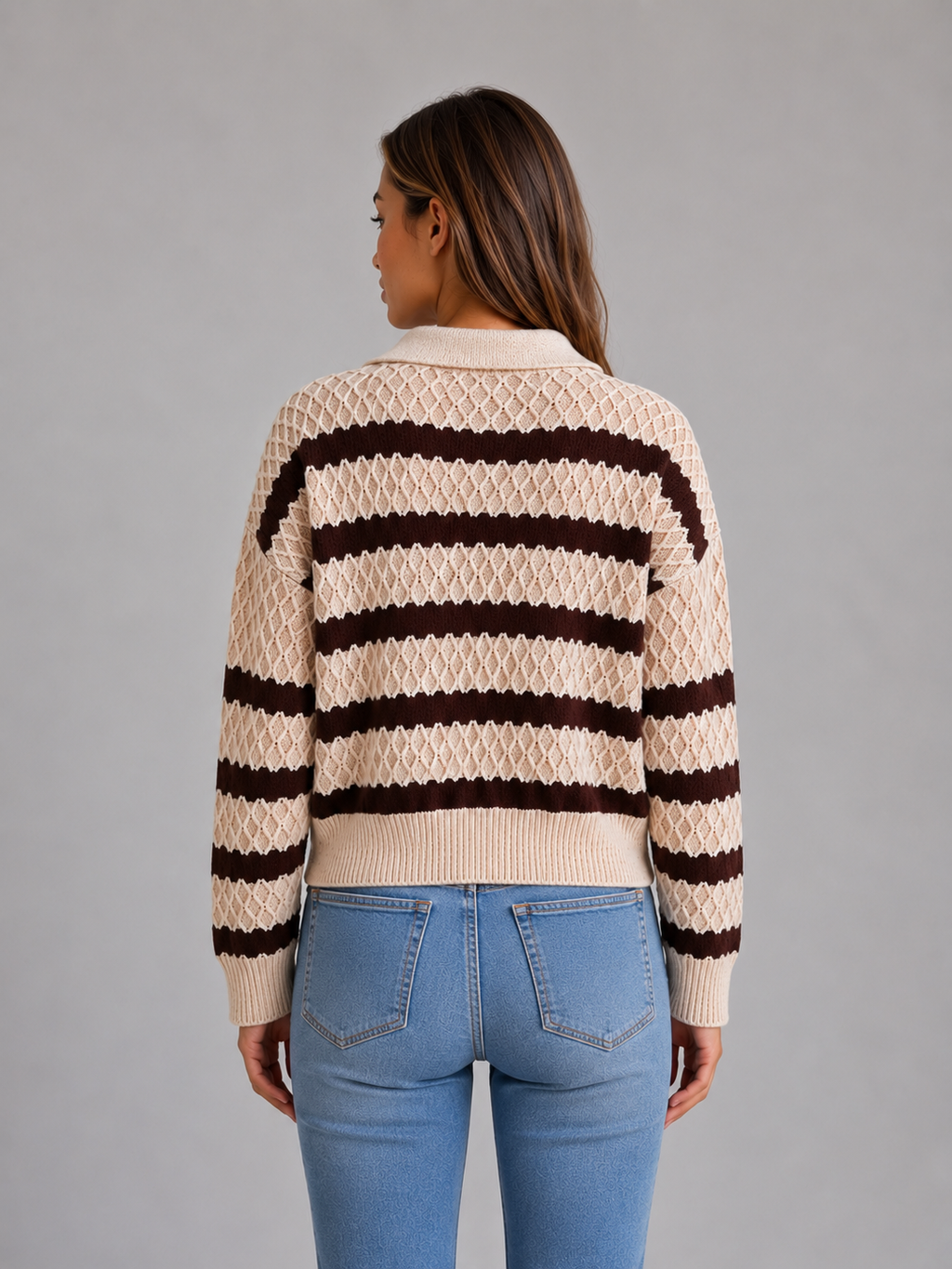 Women's Striped Polo Knit Sweater – Textured Knit Style