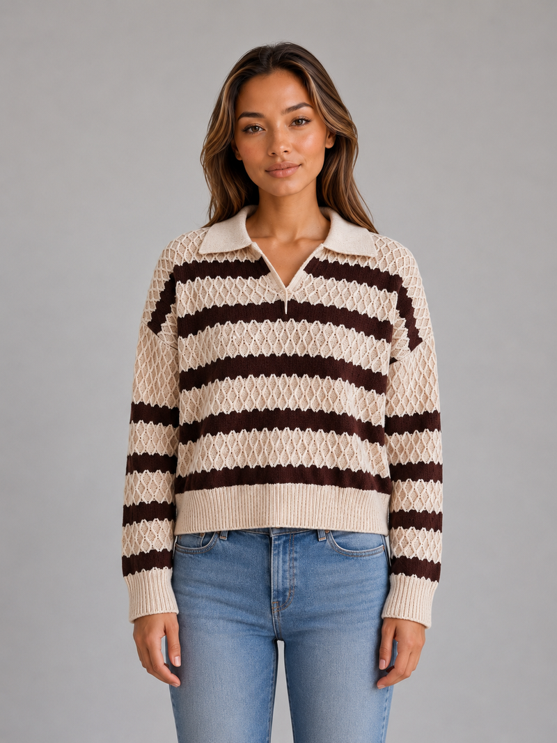 Women's Striped Polo Knit Sweater – Textured Knit Style