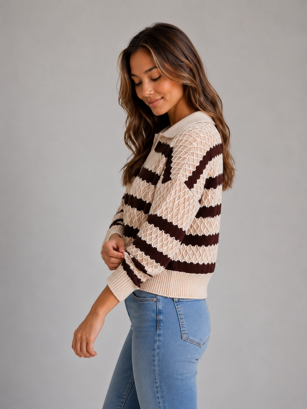Women's Striped Polo Knit Sweater – Textured Knit Style