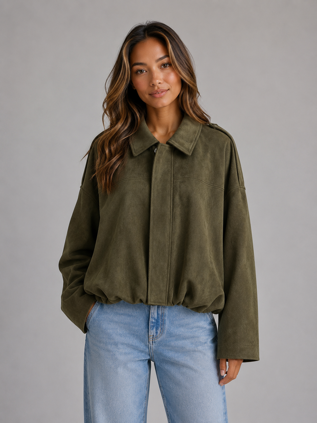 Women's Suede Look Bomber Jacket – Oversized Collared Style