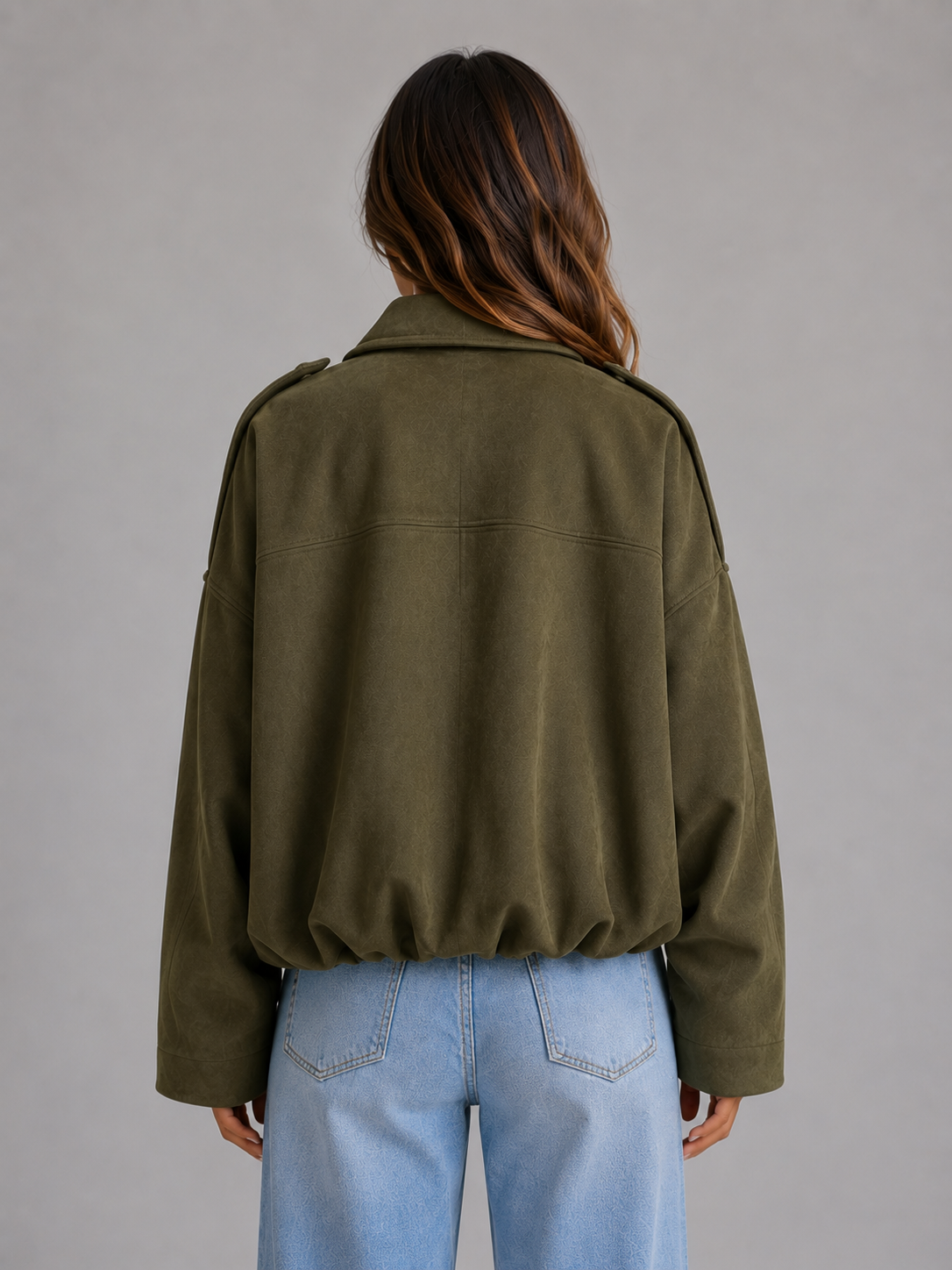Women's Suede Look Bomber Jacket – Oversized Collared Style