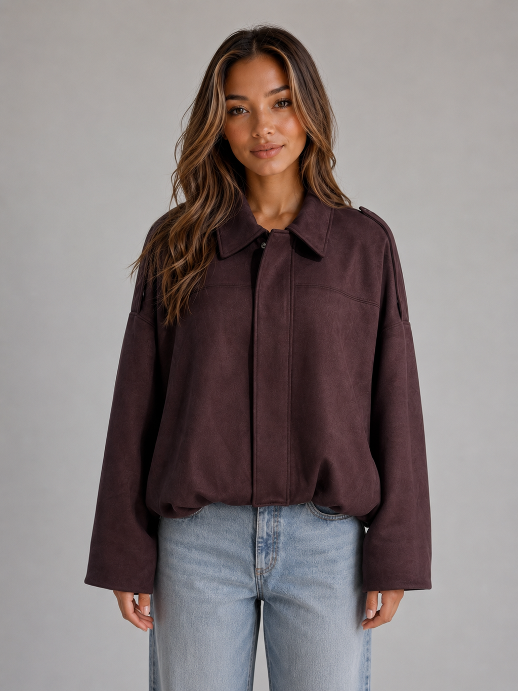 Women's Suede Look Bomber Jacket – Oversized Collared Style
