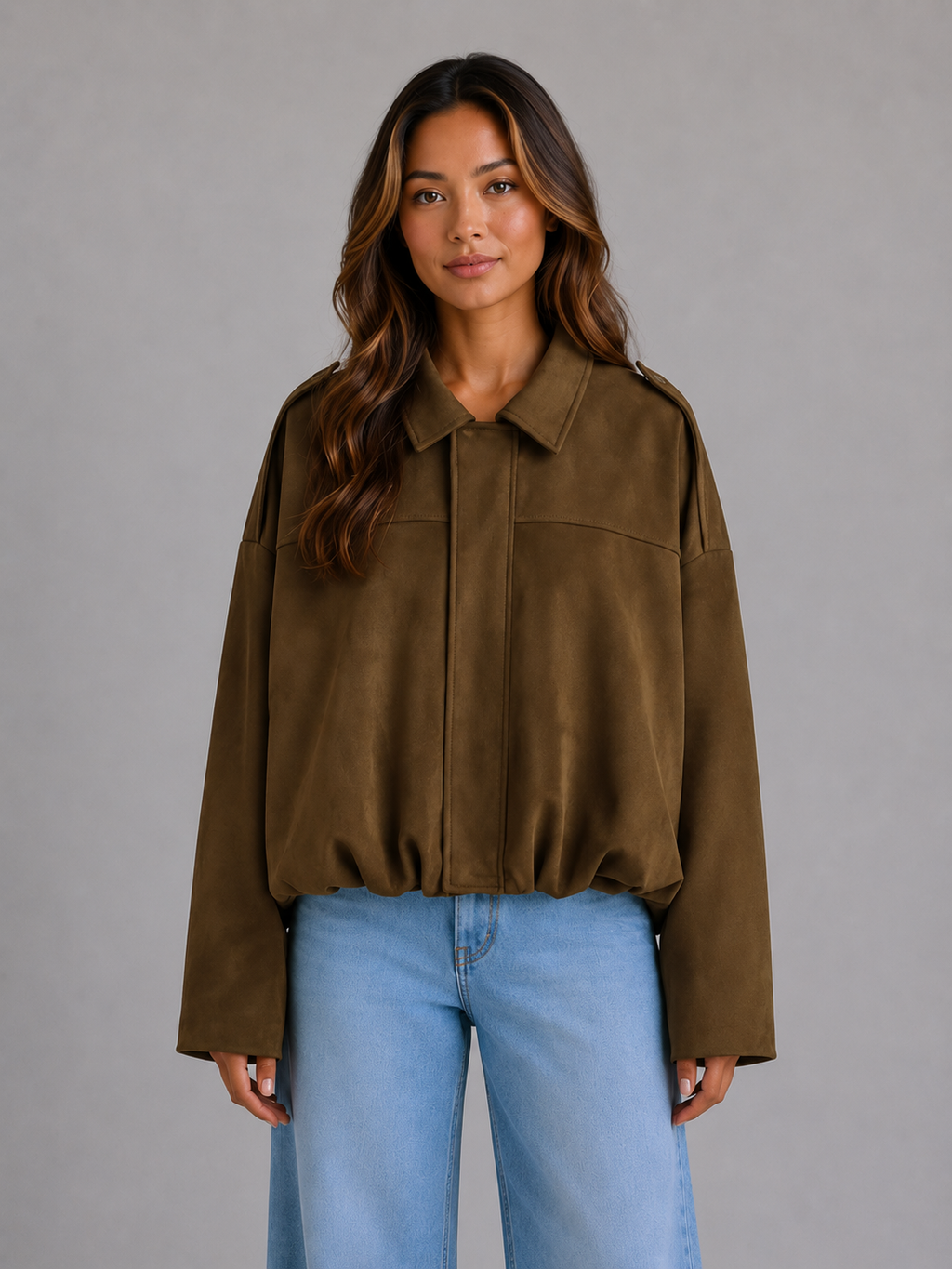Women's Suede Look Bomber Jacket – Oversized Collared Style