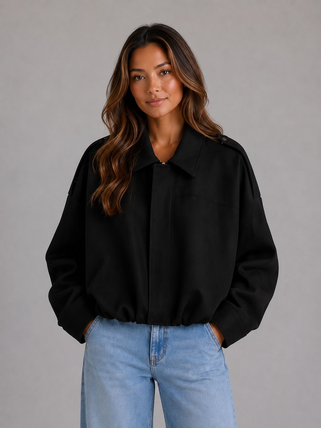 Women's Suede Look Bomber Jacket – Oversized Collared Style