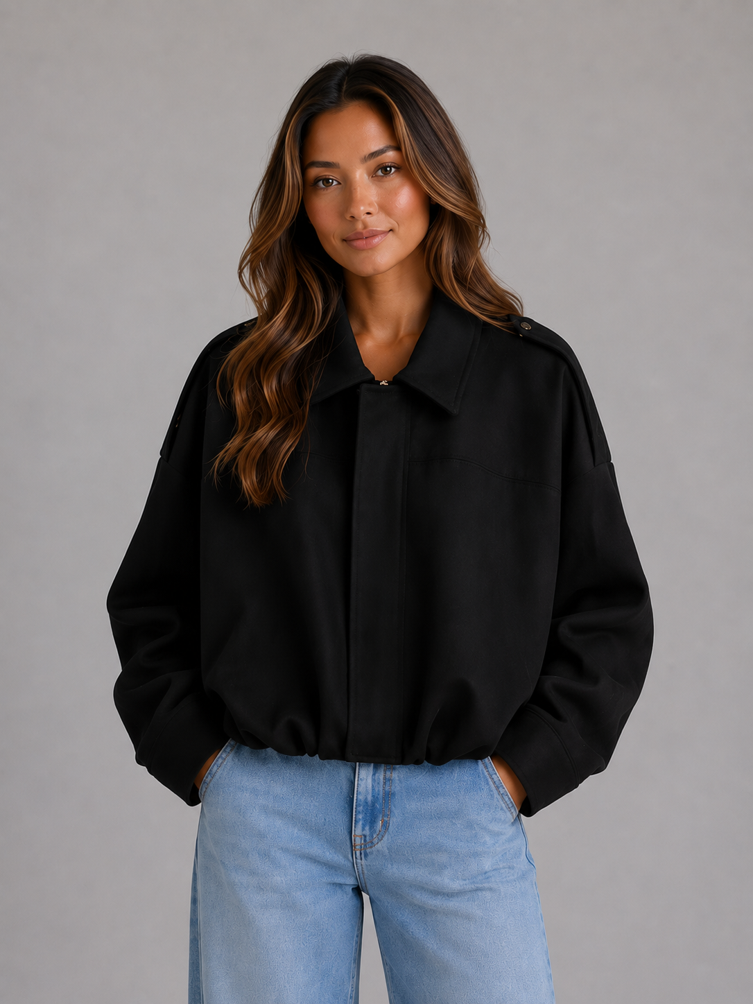 Women's Suede Look Bomber Jacket – Oversized Collared Style