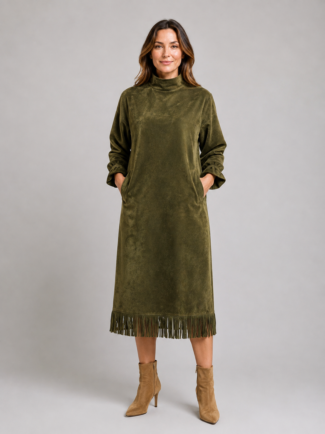Women's Suede Look Midi Dress – High Neck Fringe Hem