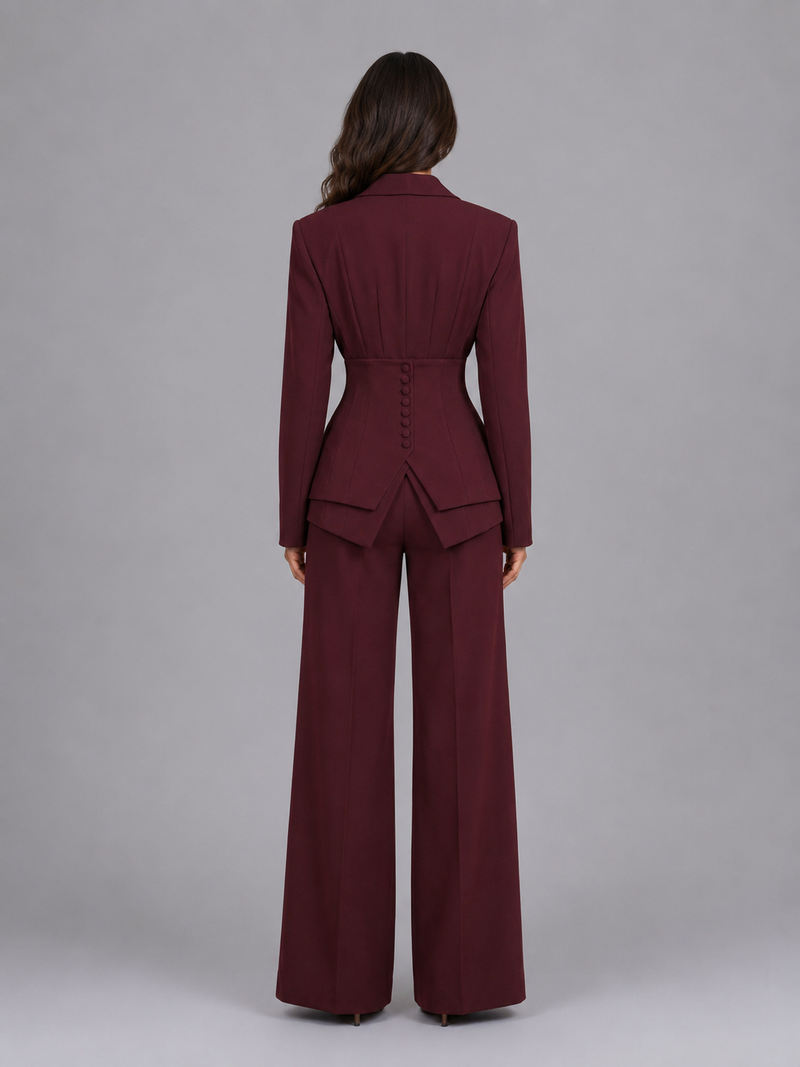 Women’s Tailored Two-Piece Suit – Cinched Waist & Wide-Leg Trousers