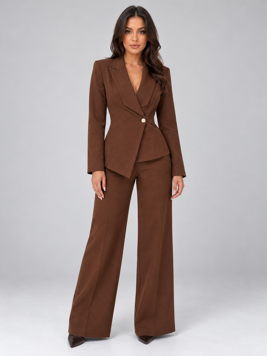 Women’s Tailored Two-Piece Pantsuit – Belted Blazer & Wide Leg Pants Set