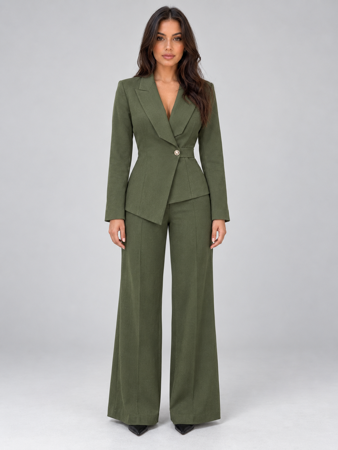 Women’s Tailored Two-Piece Pantsuit – Belted Blazer & Wide Leg Pants Set