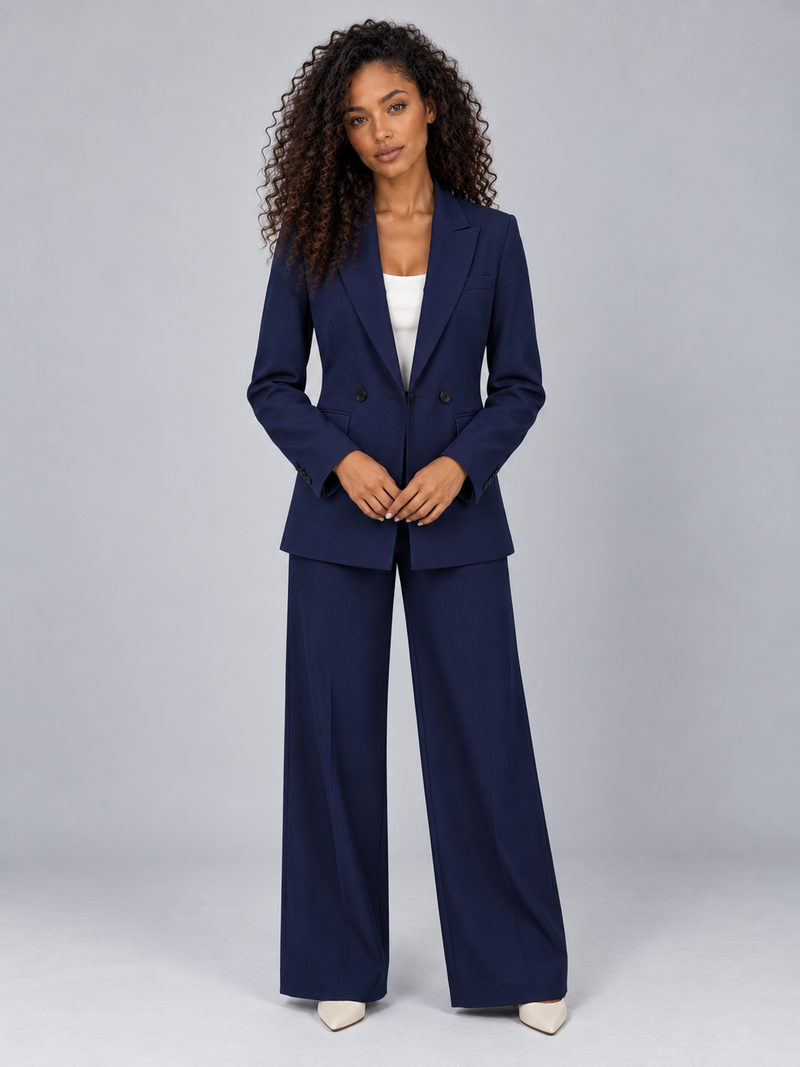 Women’s Tailored Two-Piece Pantsuit – Double Breasted Blazer & Wide Leg Pants Set