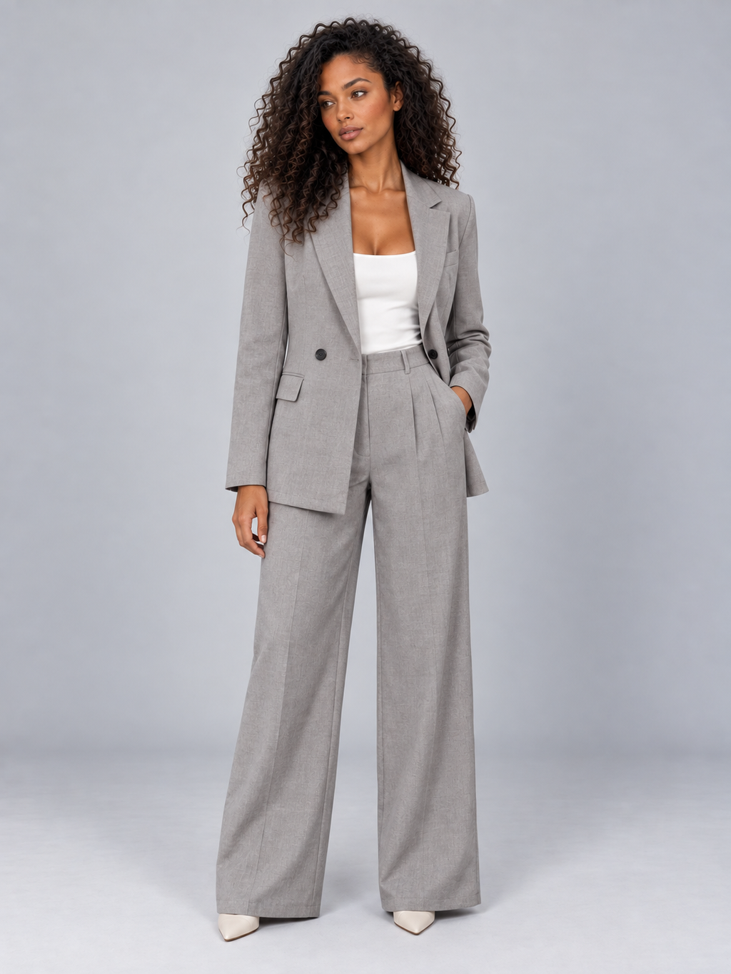 Women’s Tailored Two-Piece Pantsuit – Double Breasted Blazer & Wide Leg Pants Set