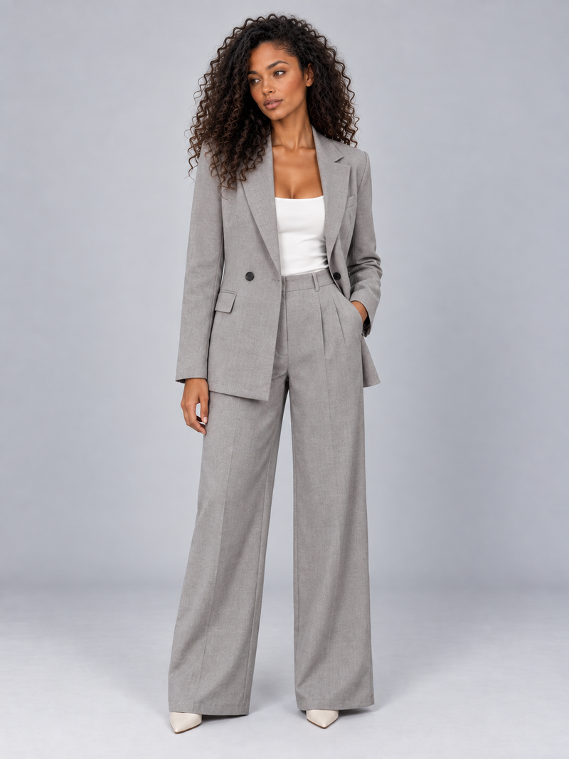 Women’s Tailored Two-Piece Pantsuit – Double Breasted Blazer & Wide Leg Pants Set