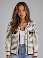 Women’s Textured Knit Cardigan – Button Front Contrast Trim Sweater