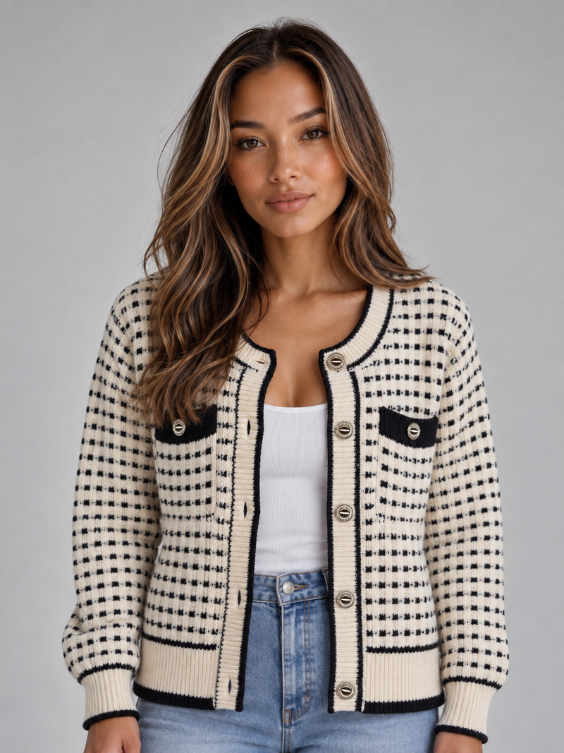 Women’s Textured Knit Cardigan – Button Front Contrast Trim Sweater