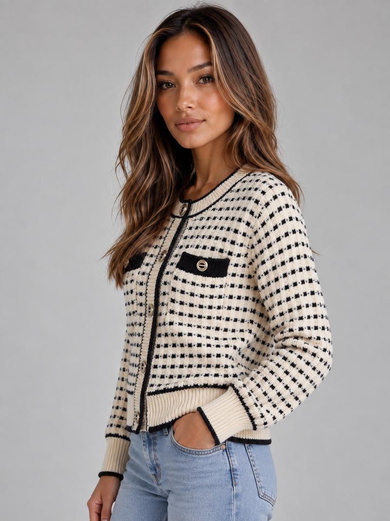 Women’s Textured Knit Cardigan – Button Front Contrast Trim Sweater