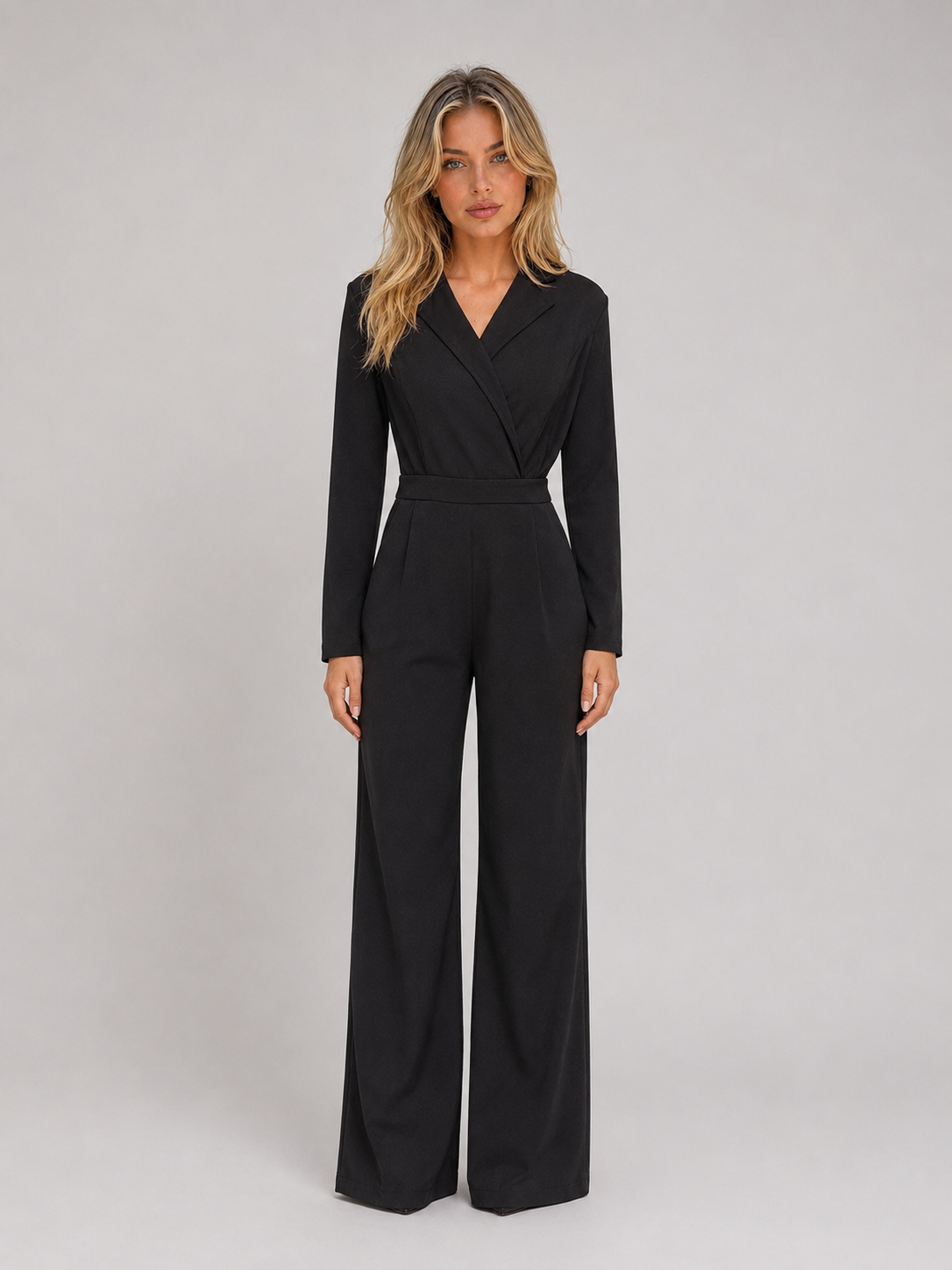 Women’s Wide Leg Jumpsuit – Wrap Front Belted Tailored Jumpsuit