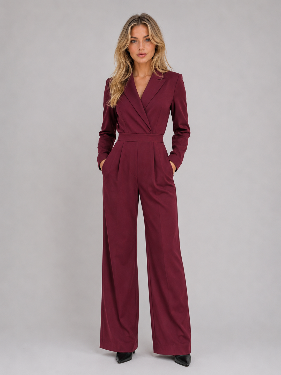 Women’s Wide Leg Jumpsuit – Wrap Front Belted Tailored Jumpsuit