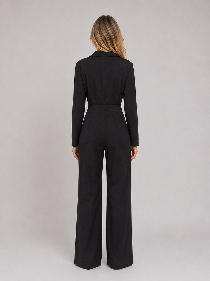 Women’s Wide Leg Jumpsuit – Wrap Front Belted Tailored Jumpsuit
