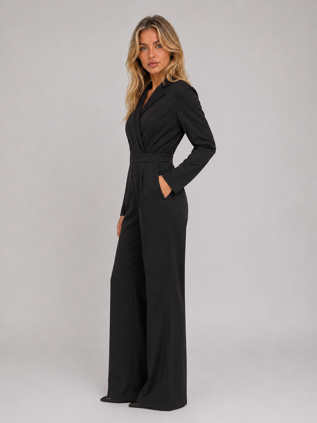 Women’s Wide Leg Jumpsuit – Wrap Front Belted Tailored Jumpsuit