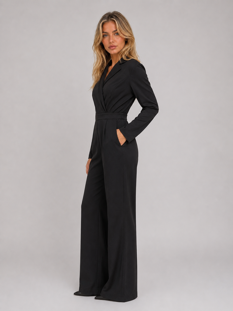 Women’s Wide Leg Jumpsuit – Wrap Front Belted Tailored Jumpsuit