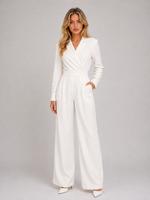 Women’s Wide Leg Jumpsuit – Wrap Front Belted Tailored Jumpsuit