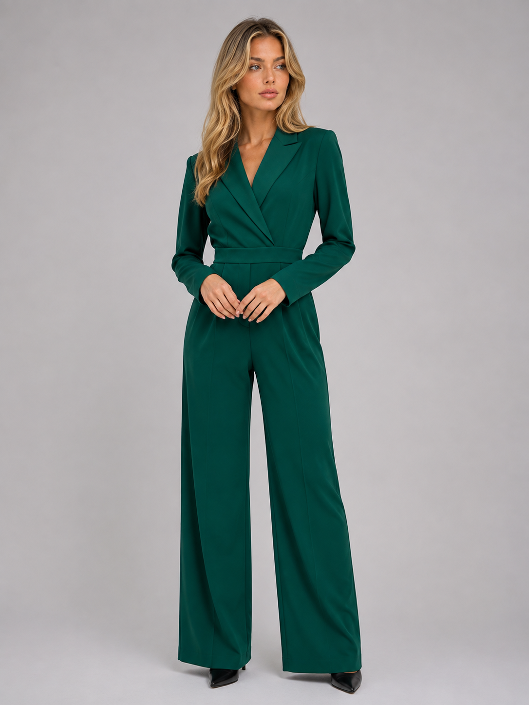 Women’s Wide Leg Jumpsuit – Wrap Front Belted Tailored Jumpsuit