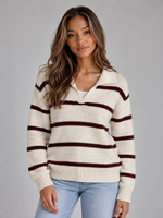 Women’s Wool Striped Sweater – Collared V-Neck Knit Pullover