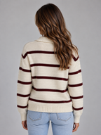 Women’s Wool Striped Sweater – Collared V-Neck Knit Pullover