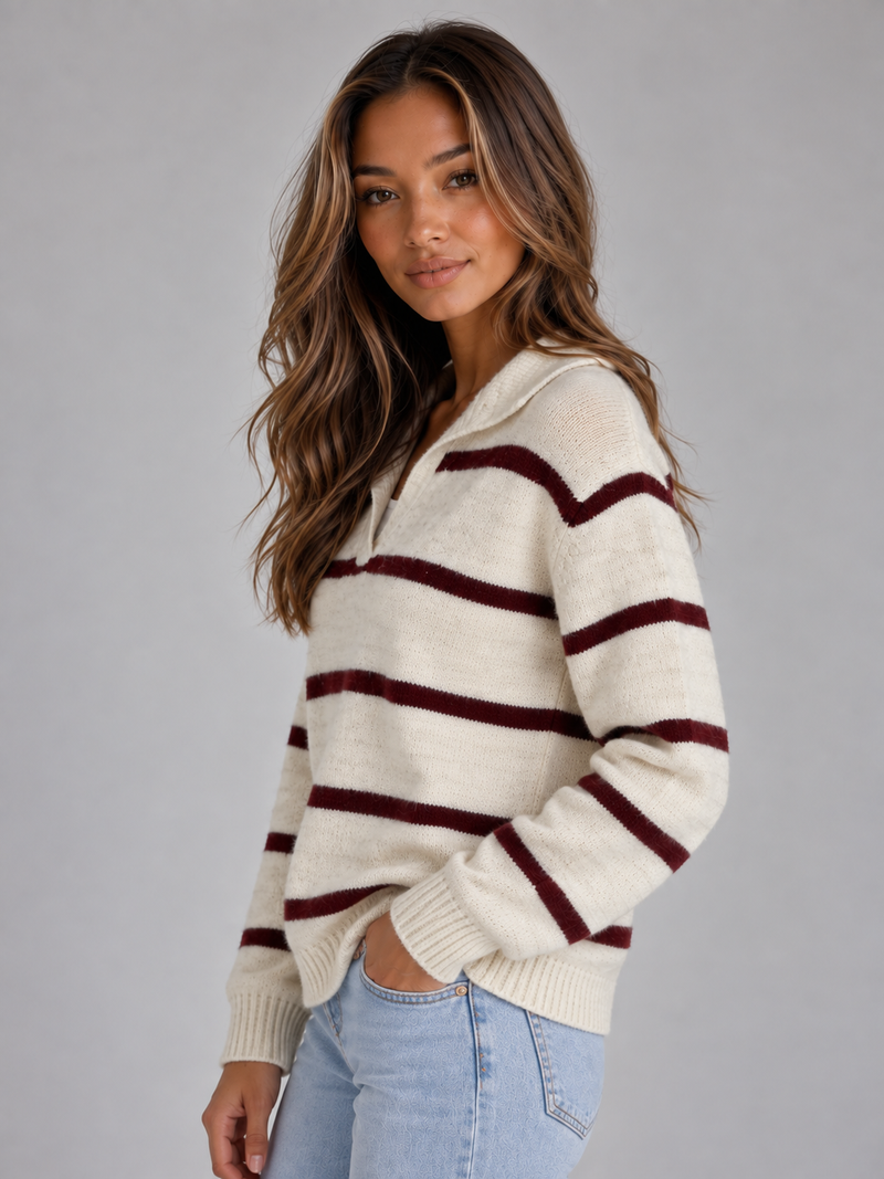 Women’s Wool Striped Sweater – Collared V-Neck Knit Pullover