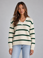 Women’s Wool Striped Sweater – Collared V-Neck Knit Pullover