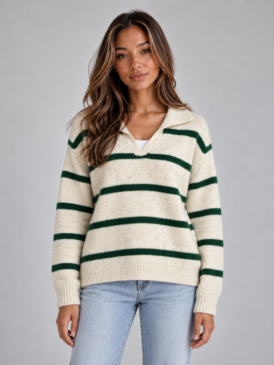 Women’s Wool Striped Sweater – Collared V-Neck Knit Pullover