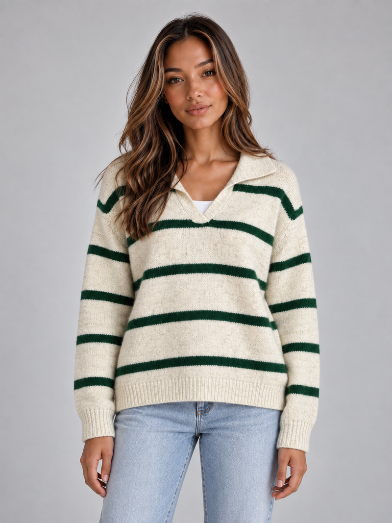 Women’s Wool Striped Sweater – Collared V-Neck Knit Pullover