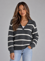 Women’s Wool Striped Sweater – Collared V-Neck Knit Pullover