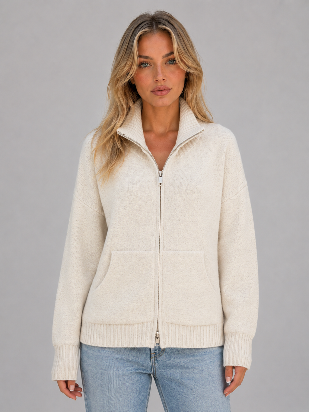 Women's Zip Up Knit Cardigan – Funnel Neck Sweater Jacket with Pockets