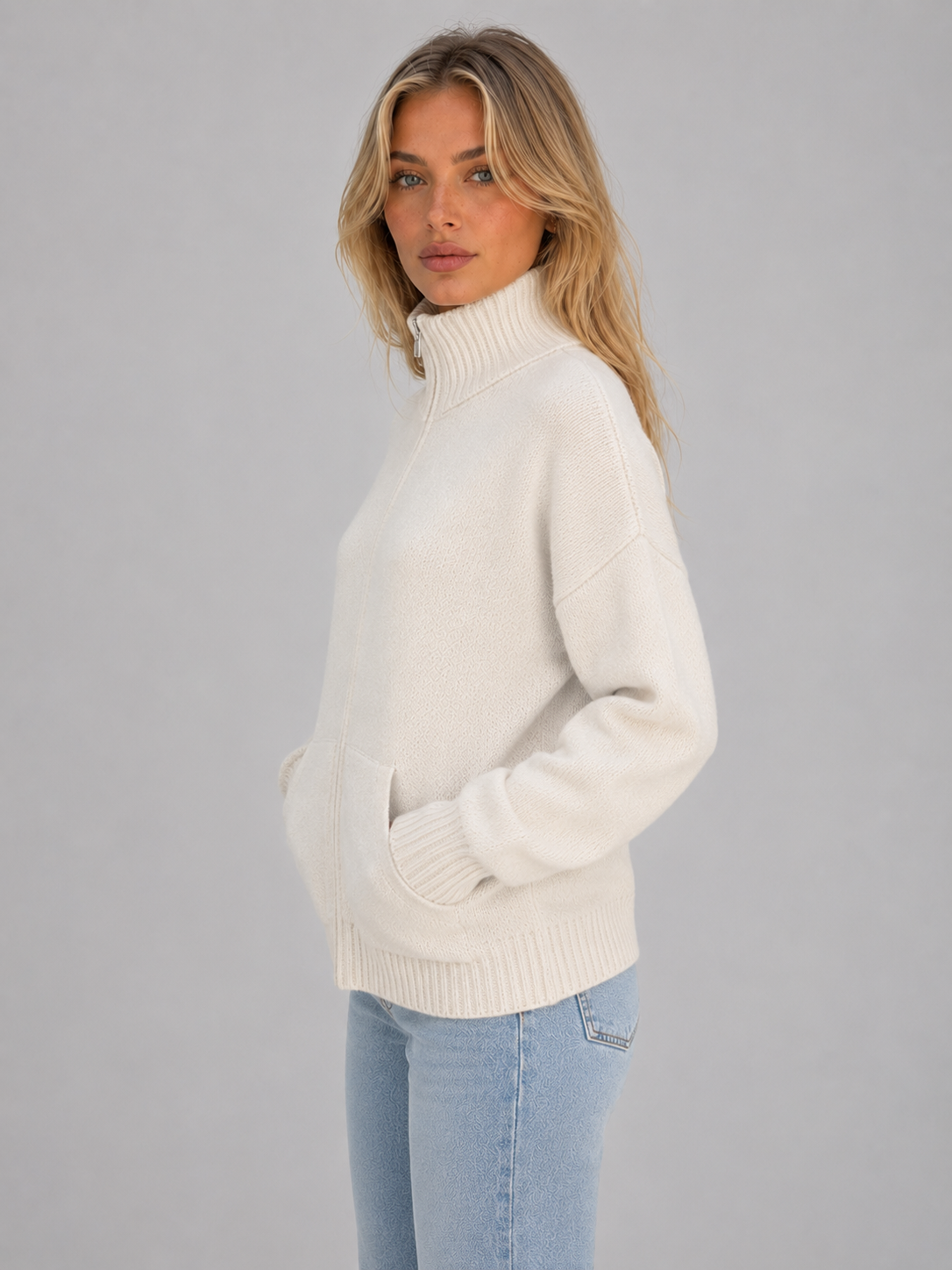 Women's Zip Up Knit Cardigan – Funnel Neck Sweater Jacket with Pockets