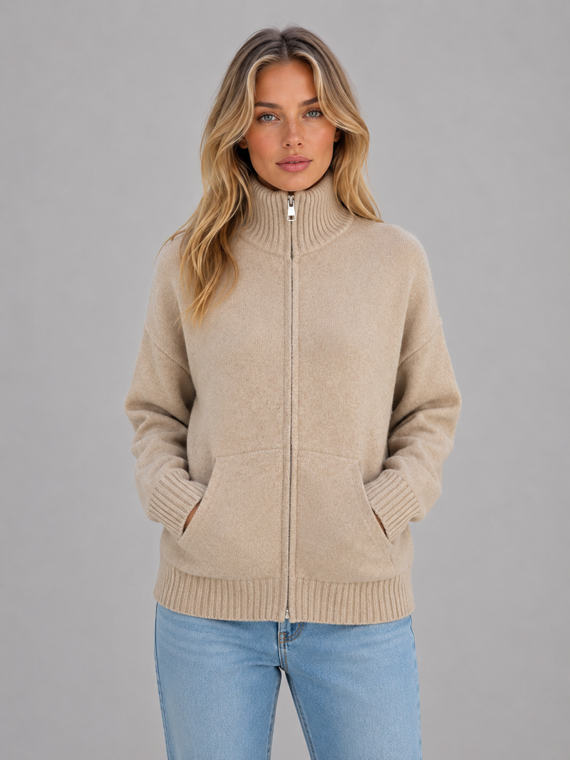 Women's Zip Up Knit Cardigan – Funnel Neck Sweater Jacket with Pockets