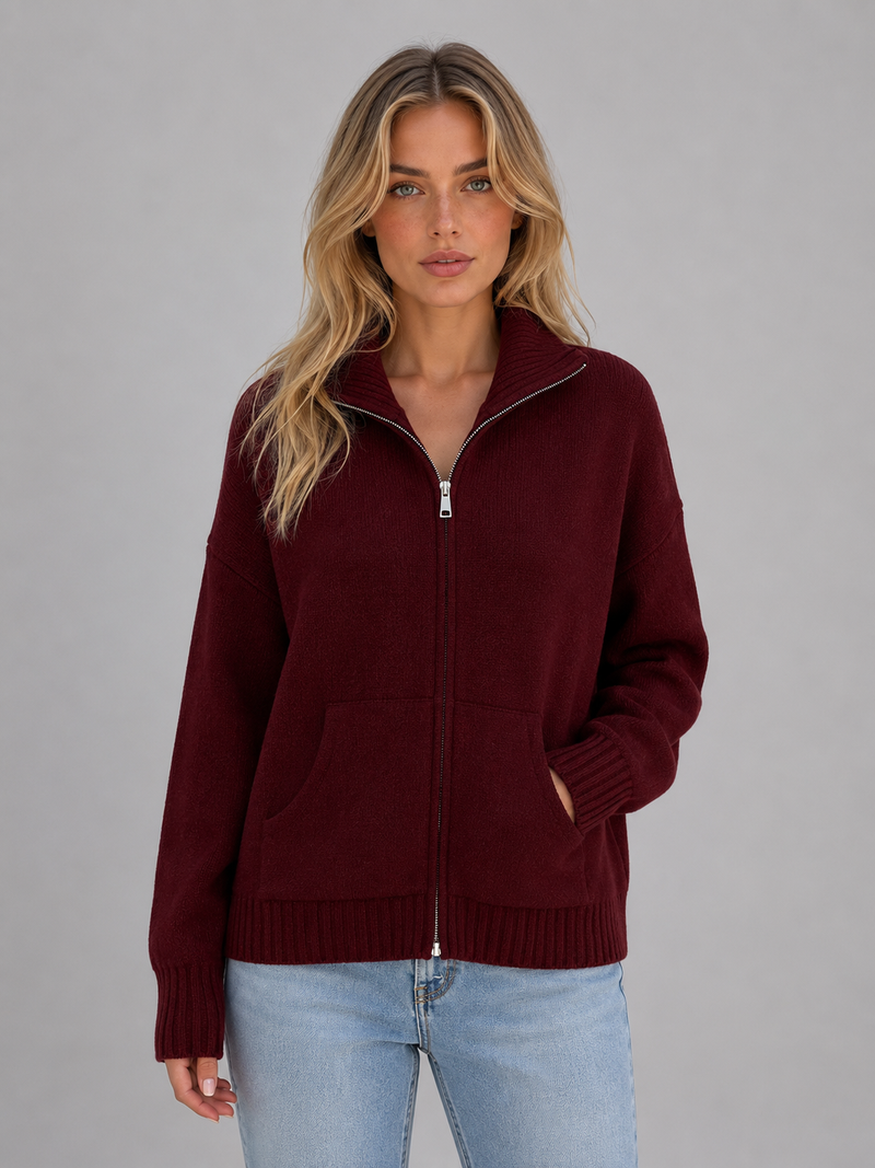 Women's Zip Up Knit Cardigan – Funnel Neck Sweater Jacket with Pockets