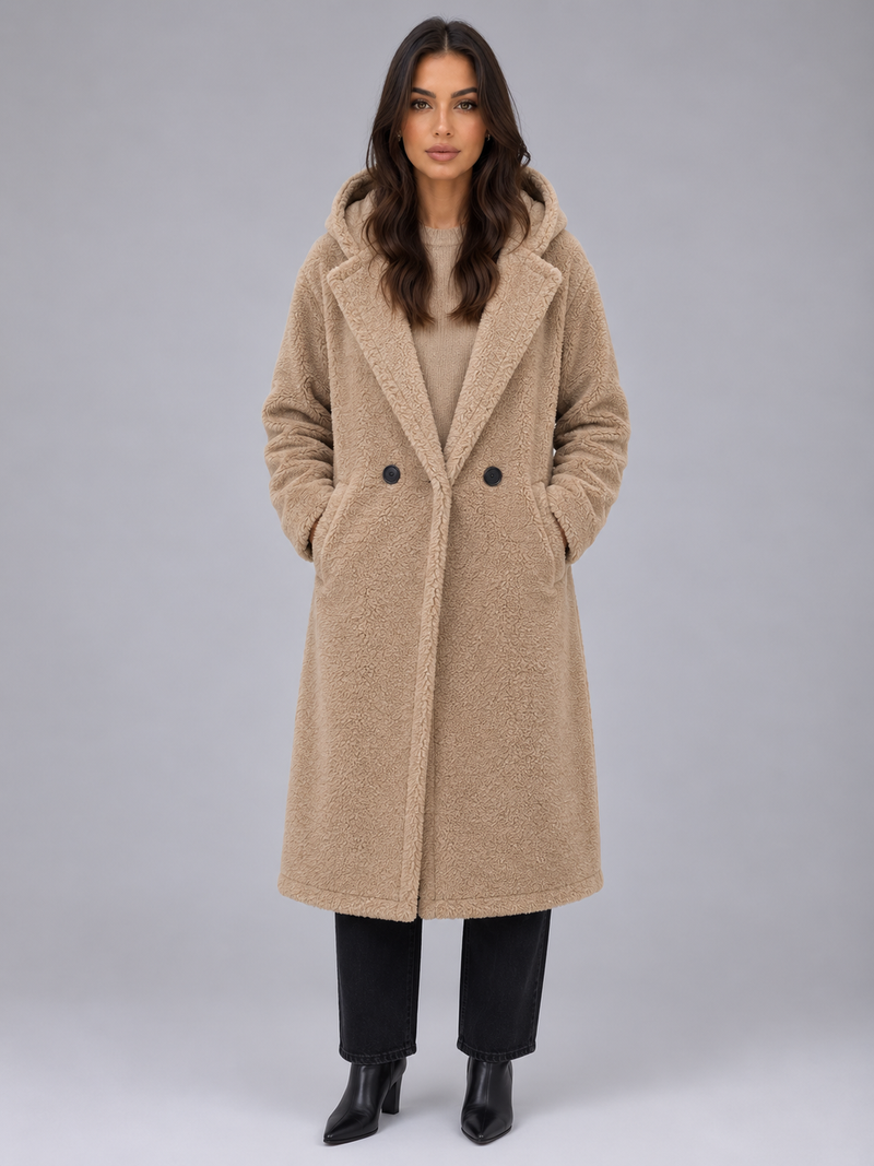 Women’s Long Teddy Coat – Oversized Hooded Fleece Winter Coat