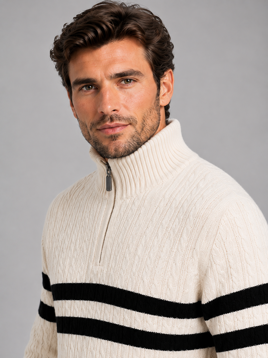 Men’s Wool Cable Knit Half-Zip Sweater – Striped High Neck Pullover