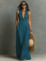Penelope | Women's Sleeveless Collared Linen Button-Front Maxi Dress